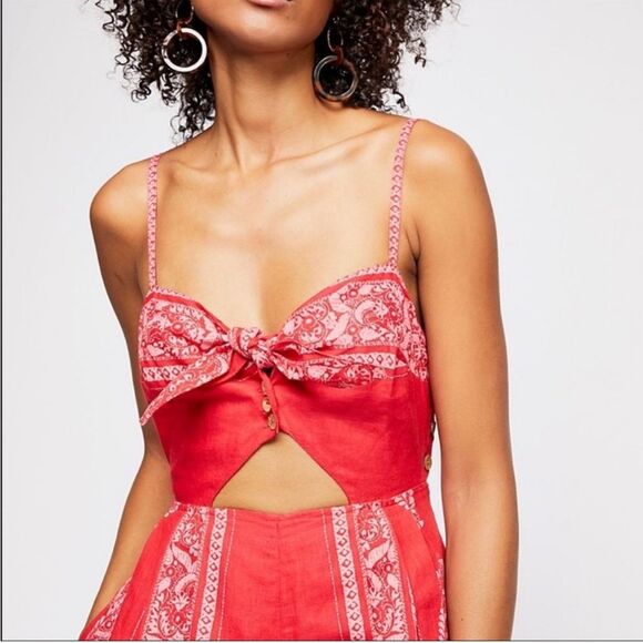 Free People | Pink Red Printed Strappy Jumpsuit OB793522 Sz 0 - Picture 5 of 16